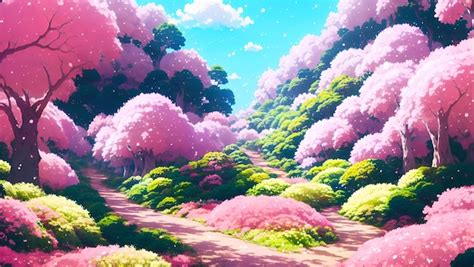 Premium AI Image | Anime landscape with a road leading to a forest and ...