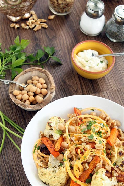 Herbed Ricotta Butternut Squash Noodles with Walnuts, Chickpeas and Cumin-Roasted Carrots and ...