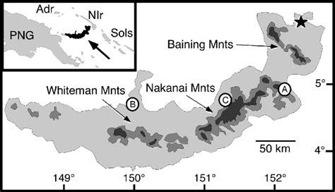 Map of New Britain Island in relation to the Bismarck Archipelago ...