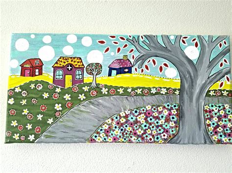 Acrylic town painting village painting whimsy house