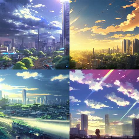 Anime cityscape by Makoto Shinkai, concept art, sun | Stable Diffusion