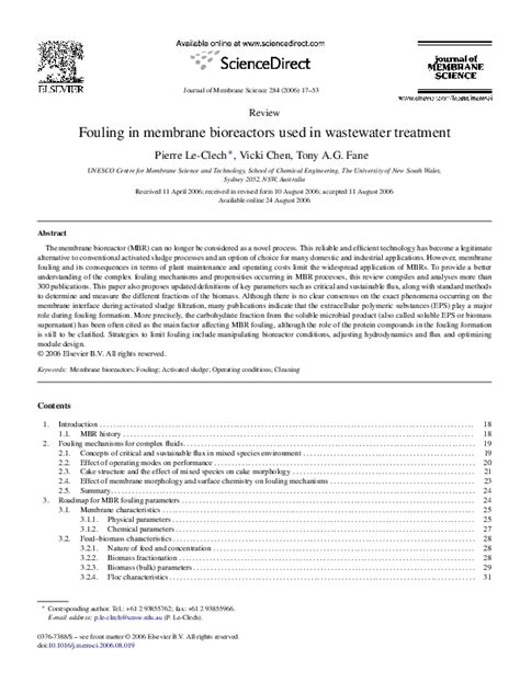 (PDF) Membrane fouling in membrane bioreactors for wastewater treatment