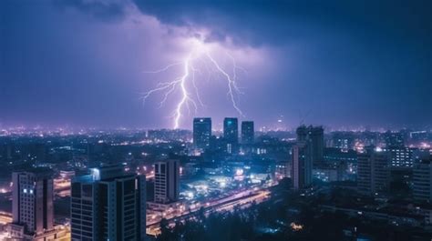 Premium AI Image | Lightning storm over city in blue light thunder storm wrath of nature in big city