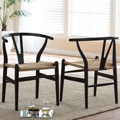 Baxton Studio Wishbone Modern Dining Chair with Light Brown Hemp Seat | Black dining room chairs ...