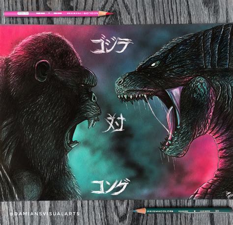 Godzilla vs Kong drawing I made using pencils, markers, & an airbrush ...