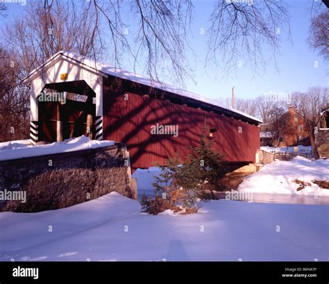 Covered Bridge in Winter Stock Photo - Alamy