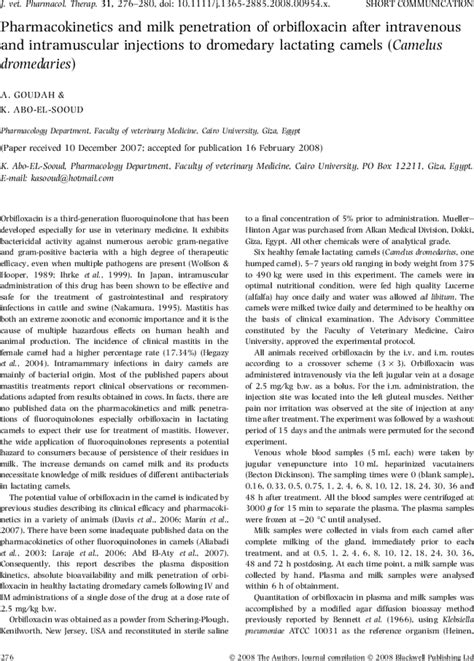 Pharmacokinetics and milk penetration of orbifloxacin after intravenous ...