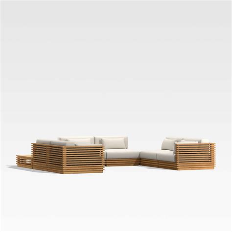 Batten 8-Piece U-Shaped Teak Outdoor Sectional Sofa with Corner Coffees Table & Oat Cushions ...