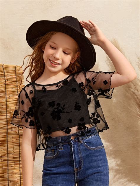 Black Dressy Collar Short Sleeve Mesh Floral Top Embellished Slight ...