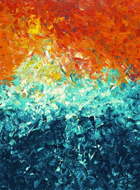 an abstract painting with orange, blue and green colors