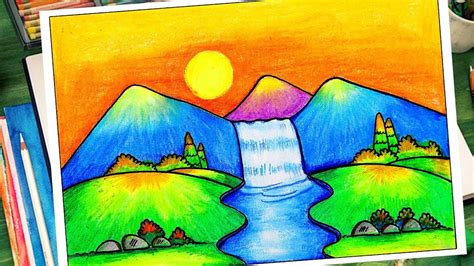 Rainbow Scenery Drawing Waterfall - Easy rainbow and waterfall scenery drawing | how to draw ...