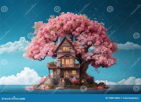 Rustic House Connected with Tree. Generate Ai Stock Image - Image of blooming, blurry: 298874883