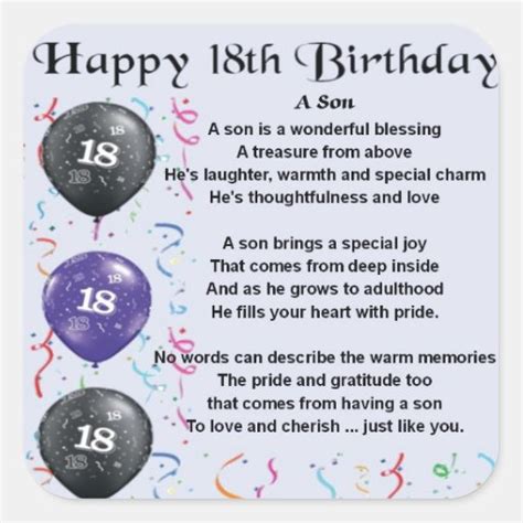 Son Poem 18th Birthday Square Sticker | Zazzle