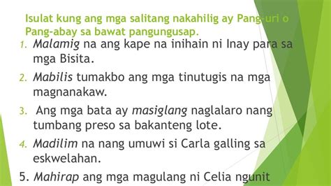 Sumulat Ng Mga Tigtatlong Pangungusap Gamit Ang Iba T Ibang Uri Ng Pang ...