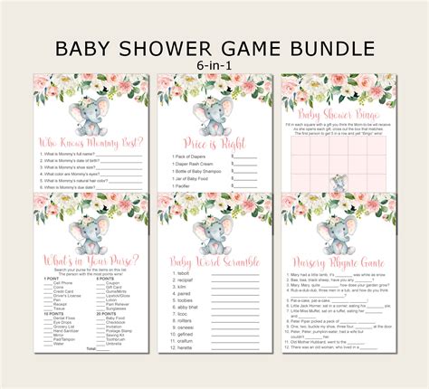 Elephant Baby Shower Games Printable Game Bundle Pink Elephant | Etsy