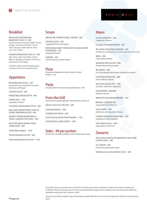 Menu of India Grill, Hilton Garden Inn, Saket, Delhi NCR | EazyDiner