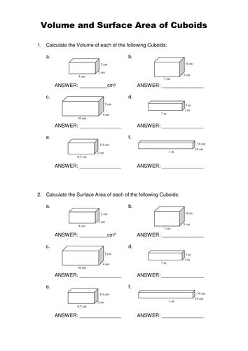 Volume and Surface Area of Cuboids Exercise by ryansmailes - Teaching Resources - Tes