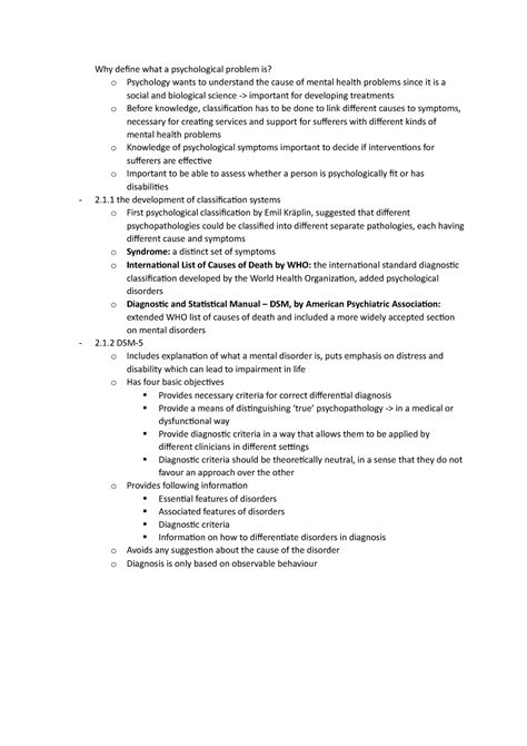 Why define what a psychological problem is - 1 the development of classification systems o First ...