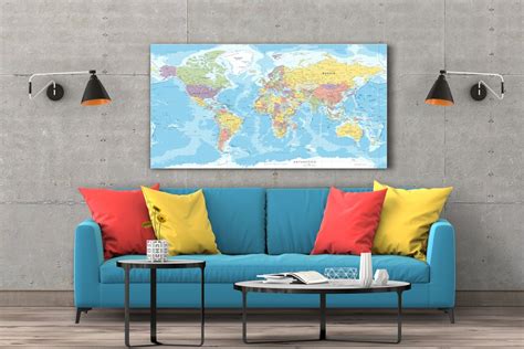 Canvas World Map, Detailed World Map Canvas, Colorful World Map, Blue World Map, Canvas Wall Art ...