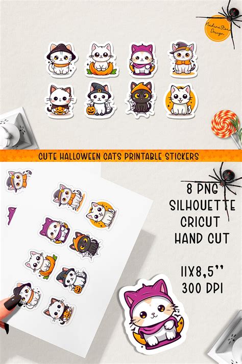 Cute Halloween cats printable stickers. PNG, JPG.