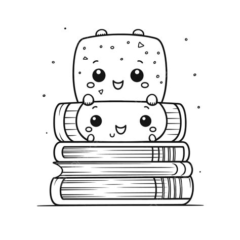 Two Kawaii Book Pages Sitting On Top Of A Pile Of Books Outline Sketch Drawing Vector, Book ...