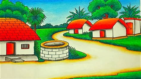Indian village scenery drawing With Nature scene painting | Drawing beautiful village house scenery