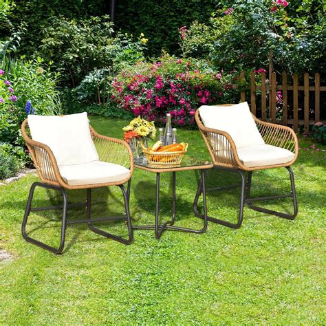 3-Piece Patio Bistro Set with 2 Rattan Chairs and Square Glass Coffee Table-White | Michaels