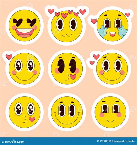 Emoji Stickers Collection. Yellow Emojis Label On Red Background. Emoji Tag With Shadow. Label ...