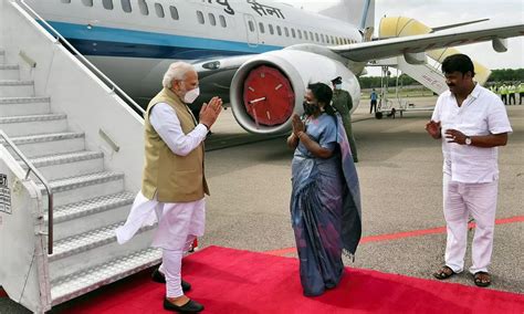 PM Modi arrives at Begumpet airport in Hyderabad