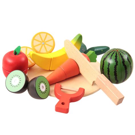 10Pcs/Set Wooden Kitchen Toys Cutting Fruit Vegetable Play miniature Food Kids Wooden baby early ...