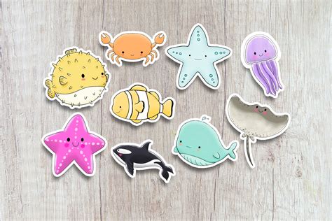 Cute sea creature sticker pack set of 9 waterproof vinyl stickers for ...