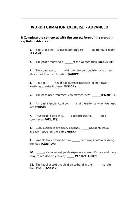 Word formation exercises - Advanced - WORD FORMATION EXERCISE - ADVANCED I/ Complete the ...