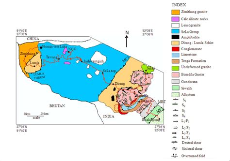 Geological map along Bhalukpong-Tawang sector showing Bomdila gneiss ...