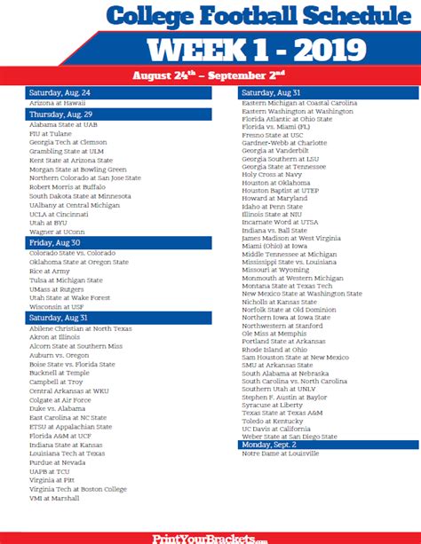 Printable Week 1 College Football Schedule 2024