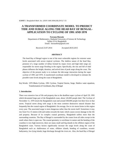 (PDF) A TRANSFORMED COORDINATE MODEL TO PREDICT TIDE AND … · Key Words: 1970 Bhola Cyclone, 1991 ...