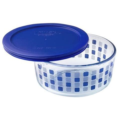 Pyrex 4-Cup Blue Square Dot Glass Bowl & Lid Set | Helton Tool & Home