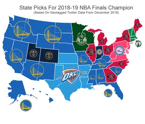 Map of Each U.S. state's pick for 2018-19 NBA champion. 🏆 (based on Twitter) : r/nba