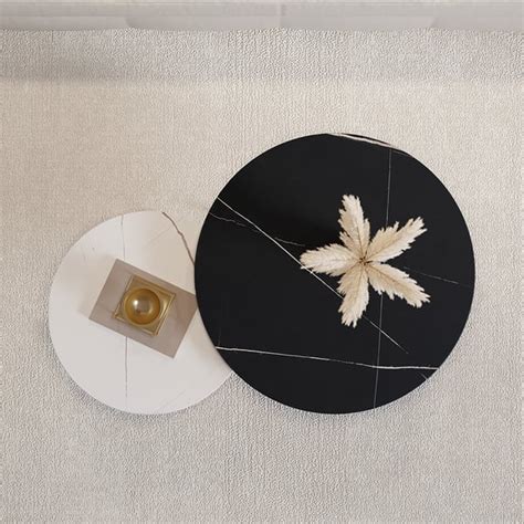 Modern Round Nesting Coffee Table Set 2-Piece Black & White Sintered Stone Top Gold Base | Homary