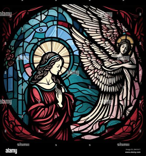 Stained glass window of the Annunciation, Mary with archangel Gabriel ...