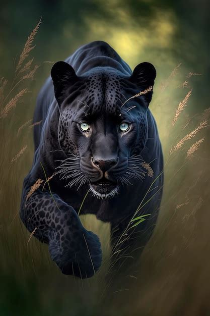 Premium Photo | Panther running in action on the forest grass wildlife ...