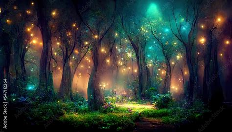 Mystical magical forest at night with glowing lights Stock Illustration | Adobe Stock