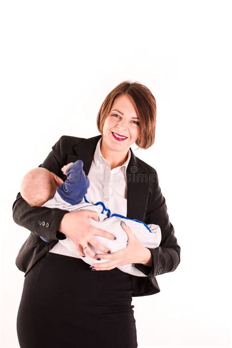 Young Working Mom Carrying Her Baby in One Hand Isolated Stock Image ...