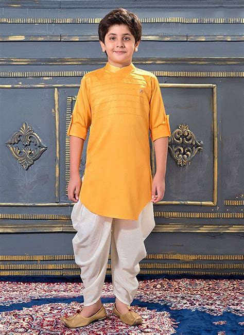 Yellow Modal Satin Party Wear Pleats Work Kids Dhoti Kurta - Zakarto