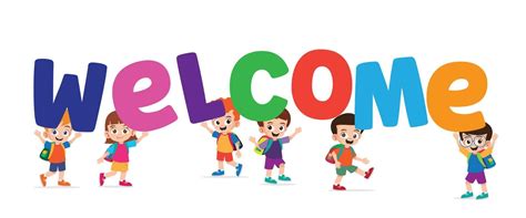 Happy group of kindergarten kids holding a welcome text vector ...