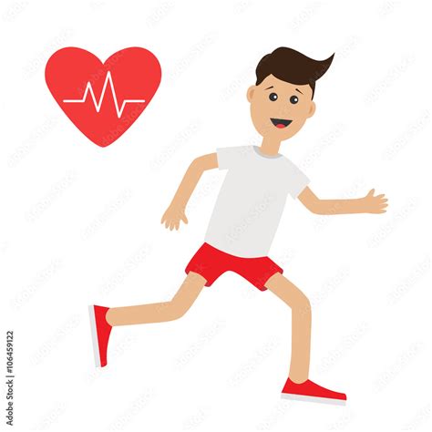 Funny cartoon running guy. Heart beat icon Cute run boy Jogging man Runner Fitness cardio ...