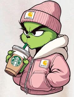 the grinch is drinking starbucks coffee while wearing a pink jacket and ...