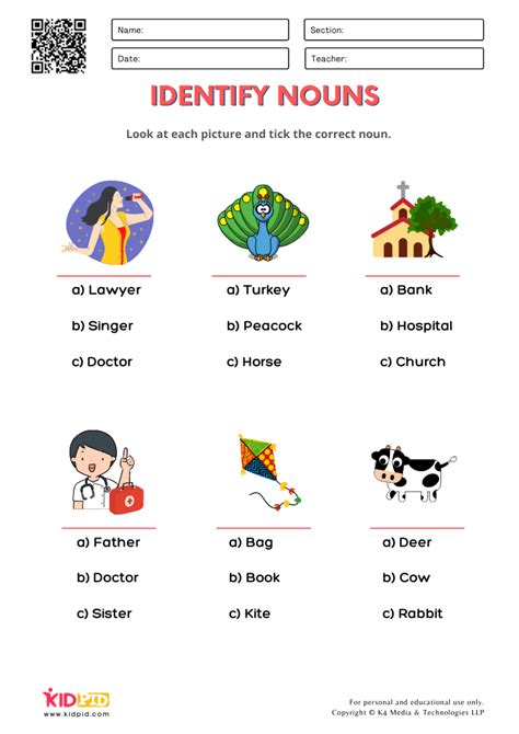 Identify Noun Worksheets for Grade 1 - Kidpid