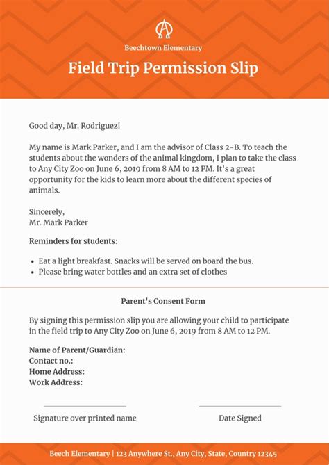 Zoo Field Trip Permission Slip Template - Printable Word Searches