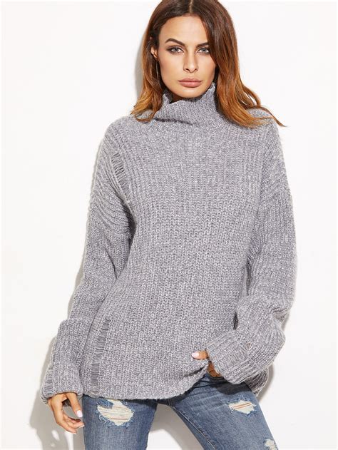 Grey Marled High Neck Ripped Oversized Sweater -SheIn(Sheinside)