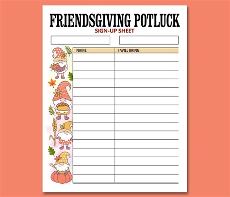 Friendsgiving Potluck Sign up Sheet Printable, Friends Thanksgiving Dinner Party Potluck Signup ...